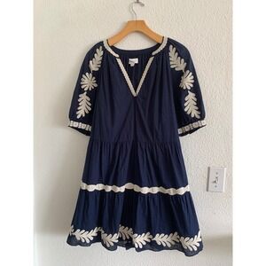 Velvet by Graham & Spencer Josepine Dress Embroidered Navy Boho Puff Sleeve M
